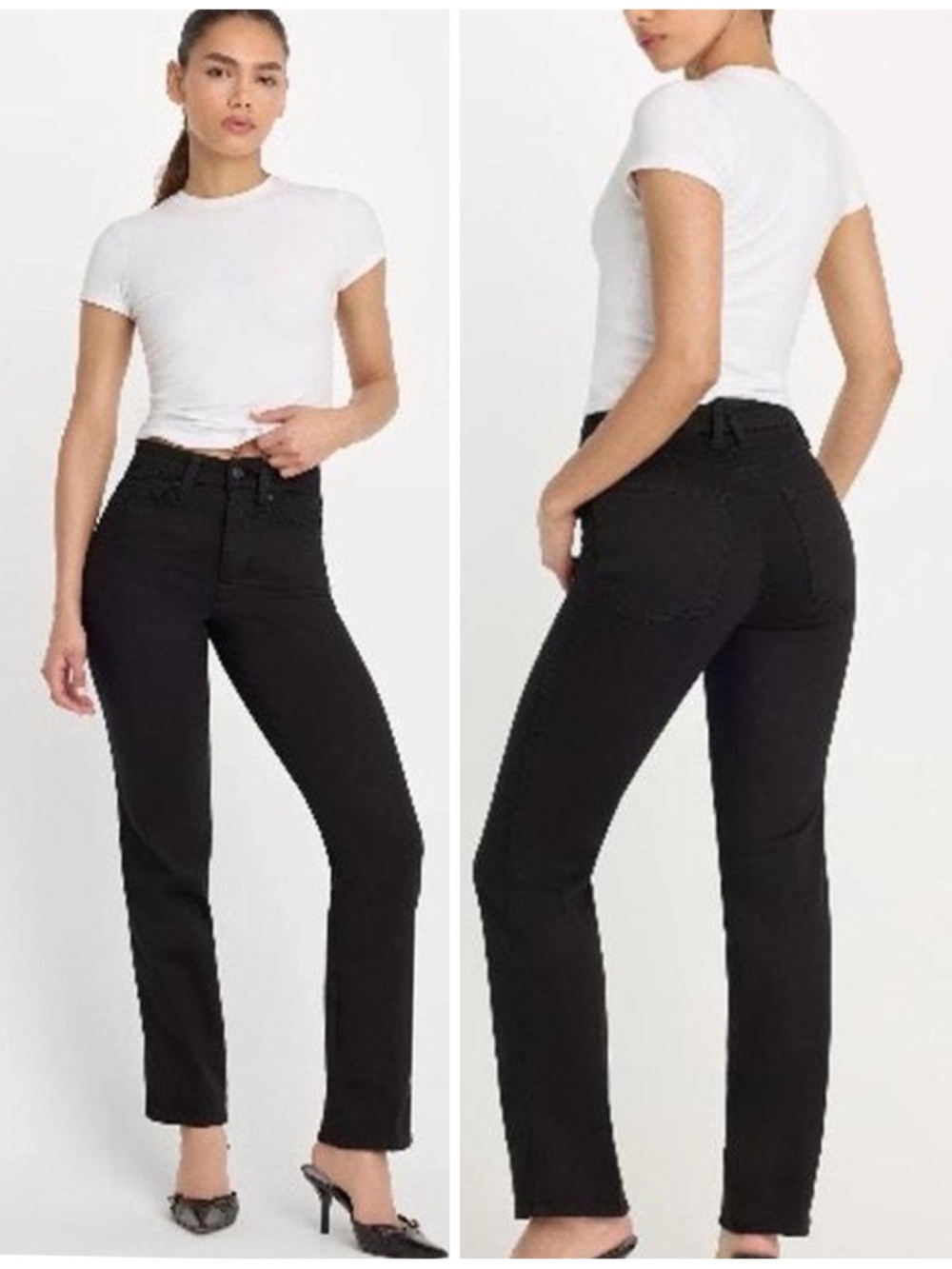 Good American Good Curve Jeans High-Rise Straight Leg Denim Black Raw Hem 8